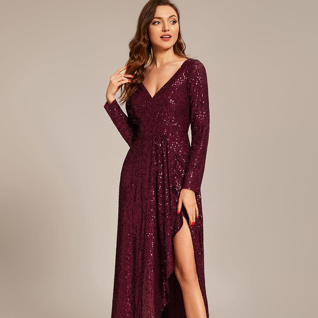 ever SYREN|Sequin Long Sleeve V-neck Asymmetrical Hem Evening Dress-gallery-29791624888394