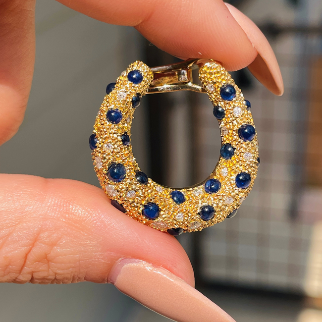 Vintage 18K textured bypass hoops with 3ctw cabochon sapphires and .75 ctw diamonds-gallery-55344662970683