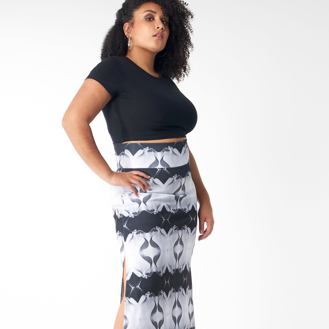 Babs Body-Hugging Midi Skirt - Black/White Stone Man Print Design-gallery-40066593620264