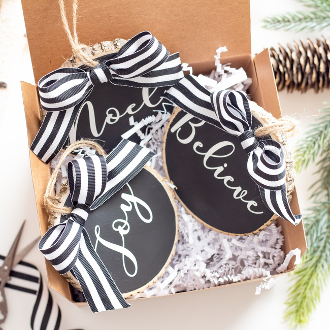 Christmas Ornaments Set Believe Joy Noel Black White - Set of 3 with Gift Box-gallery-28569044779078