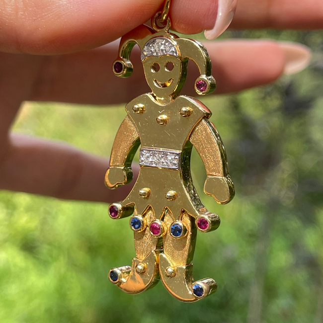 Vintage yellow 18K articulated Jester pendant with rubies, sapphires and diamonds-gallery-47460956635451