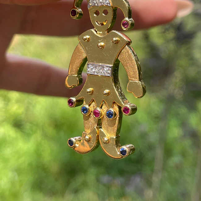 Vintage yellow 18K articulated Jester pendant with rubies, sapphires and diamonds-gallery-47460956635451