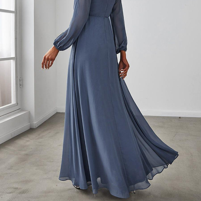 ever AMOUR|Elegant Chiffon V-Neckline Long Sleeve Formal Evening Dress-gallery-31927921770570