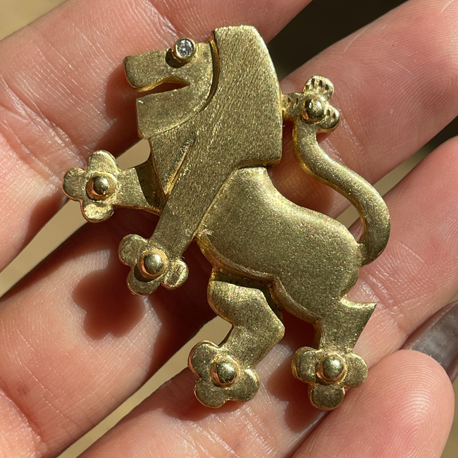 Vintage yellow 14K large standing Lion statement pendant/pin with diamond eye-gallery-51167900565819