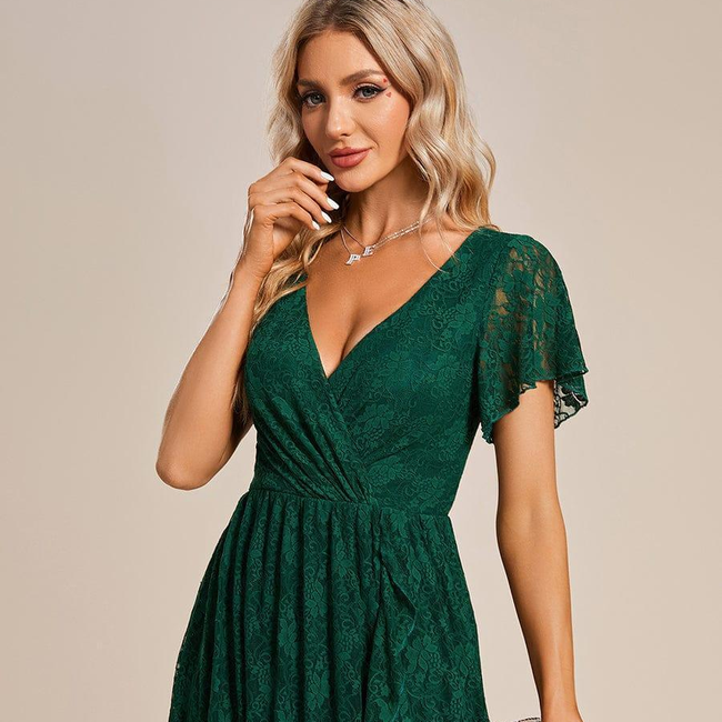 ever ELISE|Pleated V-Neck Short Sleeve Ruffled Lace Wedding Guest Dress-gallery-30176363446346
