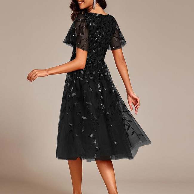 ever SIMONE|Short Sleeves Leaf Sequin A-Line Midi Formal Wedding Guest Dress-gallery-31819990106186