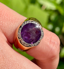 Vintage yellow 18K gold amethyst and diamond floral motif dome ring, size 4.5