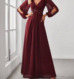 ever AMOUR|Elegant Chiffon V-Neckline Long Sleeve Formal Evening Dress
