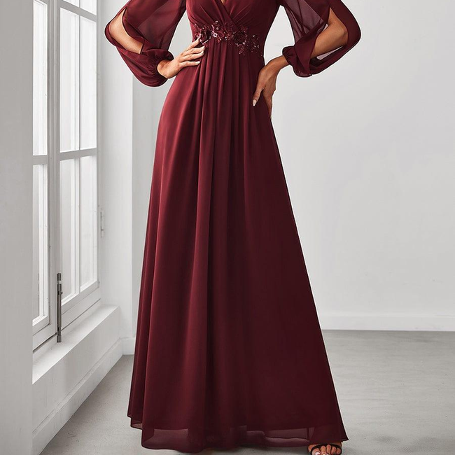 ever AMOUR|Elegant Chiffon V-Neckline Long Sleeve Formal Evening Dress-gallery-29887287492682