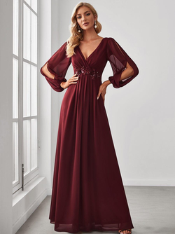 ever AMOUR|Elegant Chiffon V-Neckline Long Sleeve Formal Evening Dress