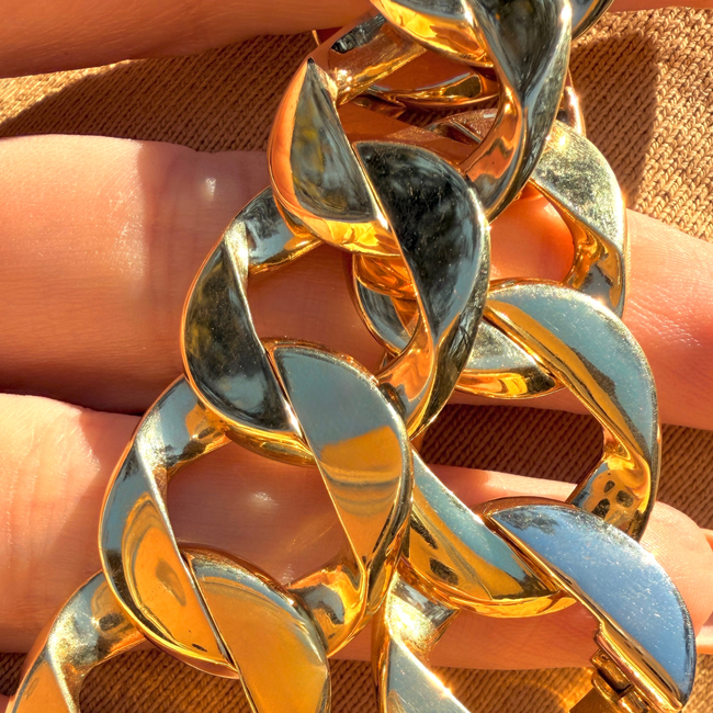 Vintage yellow 18K solid wide curb bracelet with continuous clasp, 8 inch (fits like 7.25 inch)-gallery-57096847917371