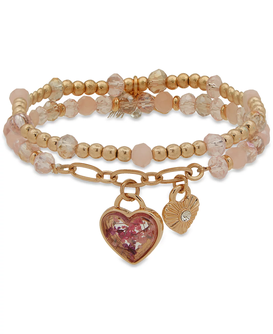 Gold-Tone Heart Charm Mixed Bead Double-Row Stretch Bracelet