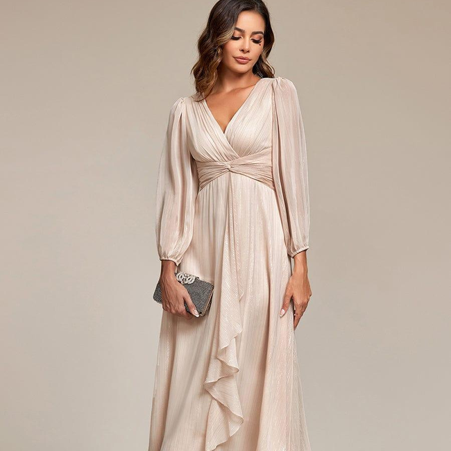 ever EMBER|See-Through Long Sleeve Twist Knot A-Line Lotus Leaf Shimmering Evening Dress-gallery-31381719842890