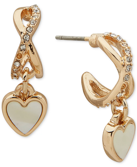 Gold-Tone Mother-of-Pearl Heart Charm Pavé Hoop Earrings