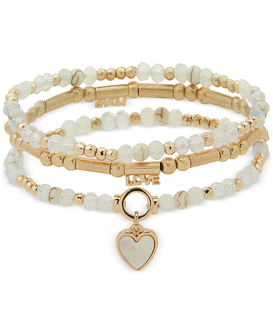 Gold-Tone 3-Pc. Set Heart Charm Beaded Stretch Bracelets