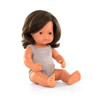 Brown Hair Baby Doll in Grey Rompers