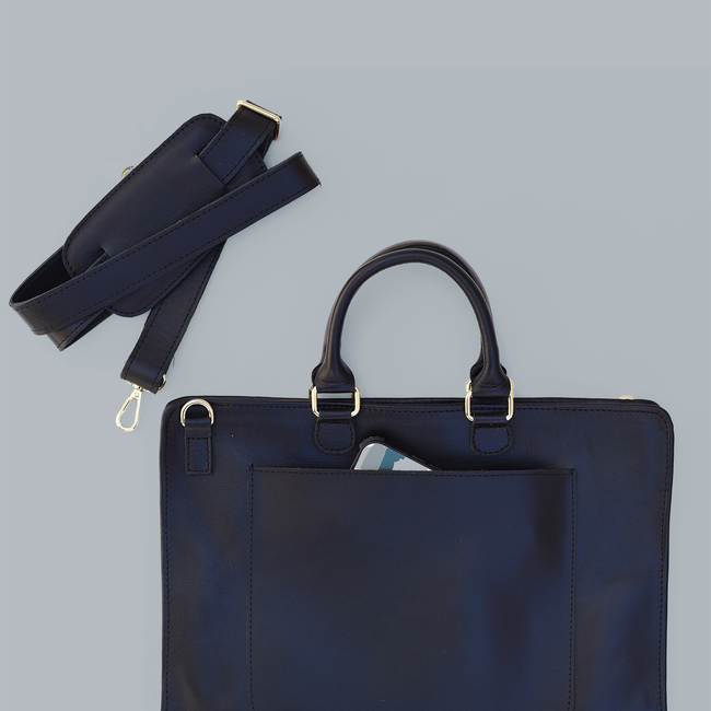 Leather Laptop Portfolio | Black Leather | Removable Strap-gallery-33207323787330