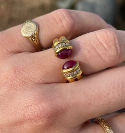 Vintage yellow 18K open ruby ring with .1 ctw diamonds, size 5.5-5.75