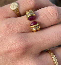 Vintage yellow 18K open ruby ring with .1 ctw diamonds, size 5.5-5.75