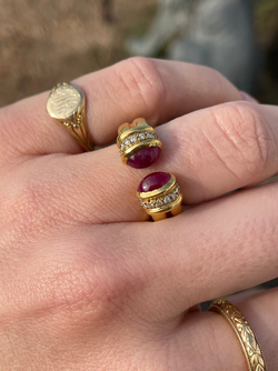 Vintage yellow 18K open ruby ring with .1 ctw diamonds, size 5.5-5.75