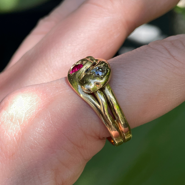 Antique Victorian yellow 18K pair of snakes ring with .25 ctw old mine cut diamond and .35 ctw ruby,-gallery-56085146632507