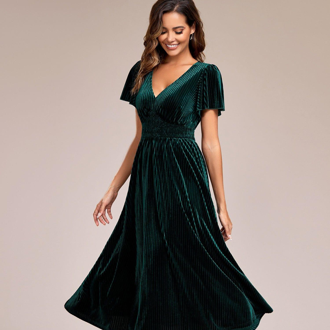 ever AZALEA|Graceful V-Neck Waist Design Short Sleeves Fall Velvet Midi Wedding Guest Dress-gallery-30251464065098