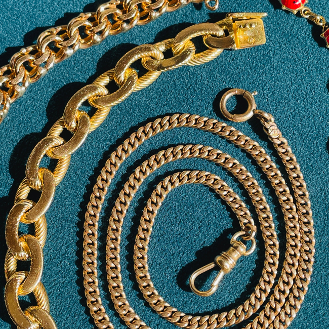 Antique yellow 14K all original flat curb watch chain, 19.5 inch-gallery-49155870425403