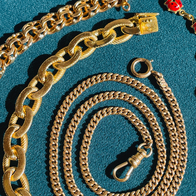 Antique yellow 14K all original flat curb watch chain, 19.5 inch-gallery-49155870425403