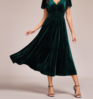 ever AZALEA|Graceful V-Neck Waist Design Short Sleeves Fall Velvet Midi Wedding Guest Dress