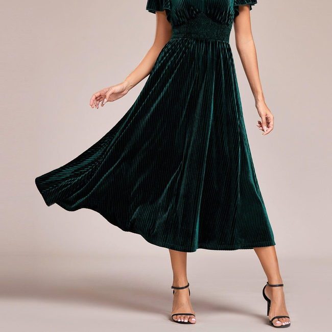ever AZALEA|Graceful V-Neck Waist Design Short Sleeves Fall Velvet Midi Wedding Guest Dress-gallery-30251464196170