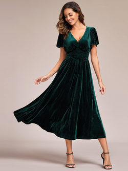 ever AZALEA|Graceful V-Neck Waist Design Short Sleeves Fall Velvet Midi Wedding Guest Dress