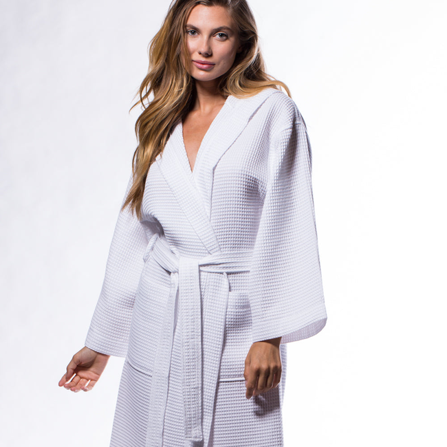 Waffle Hooded Long Robe Square Pattern White-gallery-46194654380291