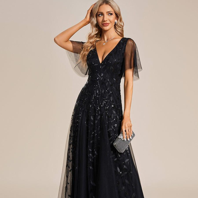 ever ASTRAL|Ruffle Sleeves Leaf Sequin Maxi Bridesmaid Dress-gallery-32686699806794
