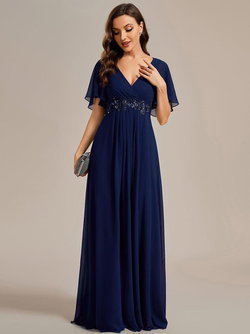 ever IVYROSE|Ruffles Sleeve A-Line Chiffon Waist Applique Maxi Formal Evening Dress
