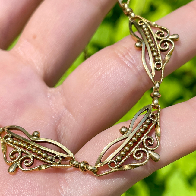 Antique yellow 18K French ornate scrolled link collar necklace, 15.5 inch-gallery-54305263812923