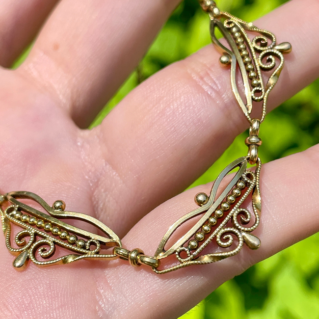 Antique yellow 18K French ornate scrolled link collar necklace, 15.5 inch-gallery-54305263812923