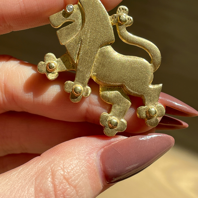Vintage yellow 14K large standing Lion statement pendant/pin with diamond eye-gallery-51167900533051