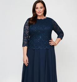 Plus Tea-Length Dress with Sequin Lace Bodice & Chiffon Skirt
