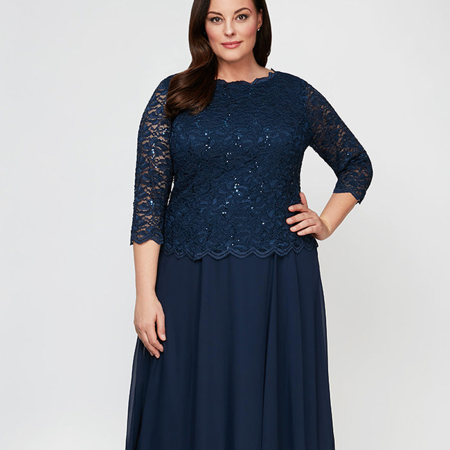 Plus Tea-Length Dress with Sequin Lace Bodice & Chiffon Skirt-gallery-42506263920896