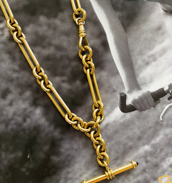 Antique yellow 18K solid trombone link watch chain with sapphire T bar, 19 inch