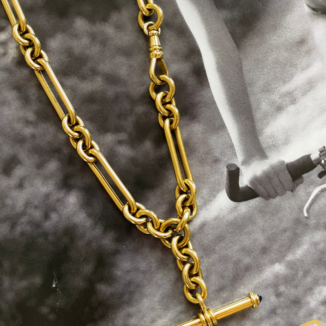 Antique yellow 18K solid trombone link watch chain with sapphire T bar, 19 inch-gallery-55160483021115