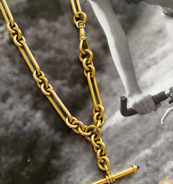 Antique yellow 18K solid trombone link watch chain with sapphire T bar, 19 inch