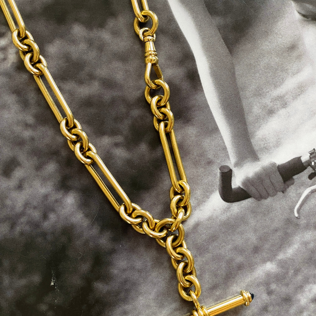 Antique yellow 18K solid trombone link watch chain with sapphire T bar, 19 inch-gallery-55160483021115