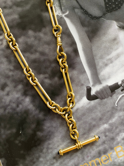 Antique yellow 18K solid trombone link watch chain with sapphire T bar, 19 inch