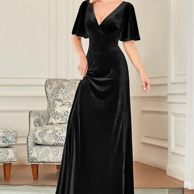 ever REINE|Elegant Double V Neck Velvet Evening Dress with Sleeves-gallery-29378736750666