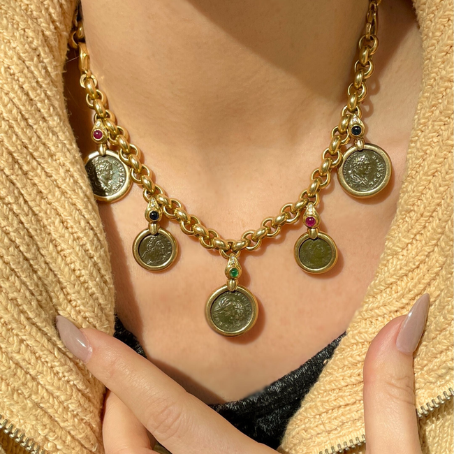 Vintage yellow 18K convertible gemstone and coin necklace, 16.25 inch-gallery-50018069676347