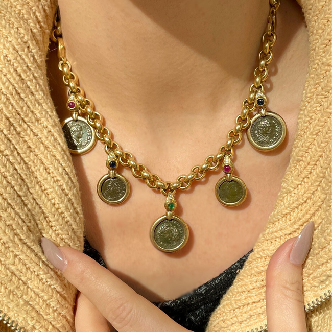 Vintage yellow 18K convertible gemstone and coin necklace, 16.25 inch-gallery-50018069676347