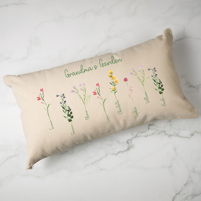 Custom Family Names Flower Lumbar Pillow - Natural Canvas-gallery-43919466168543