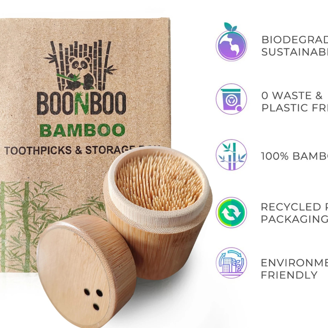 BOONBOO Double-Sided Toothpicks | 100% Bamboo Toothpicks & 100% Bamboo Storage Box | Sustainable & B-gallery-29945480478829