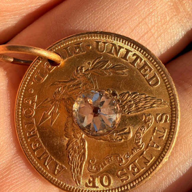 Antique yellow 21K gold 1881 $5 US Liberty coin with approx 1.1 ctw old mine cut diamond pendant-gallery-57083582382395